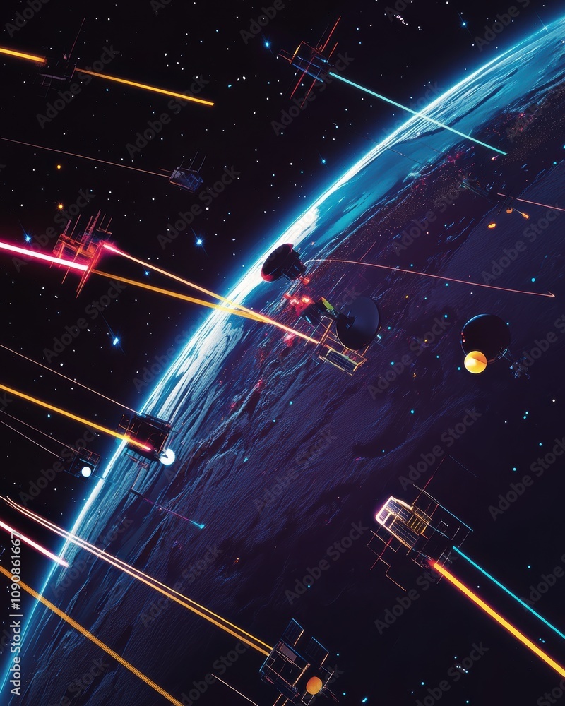 Poster exploratory spacecraft surrounding a vibrant planet with colorful energy beams in a futuristic cosmi