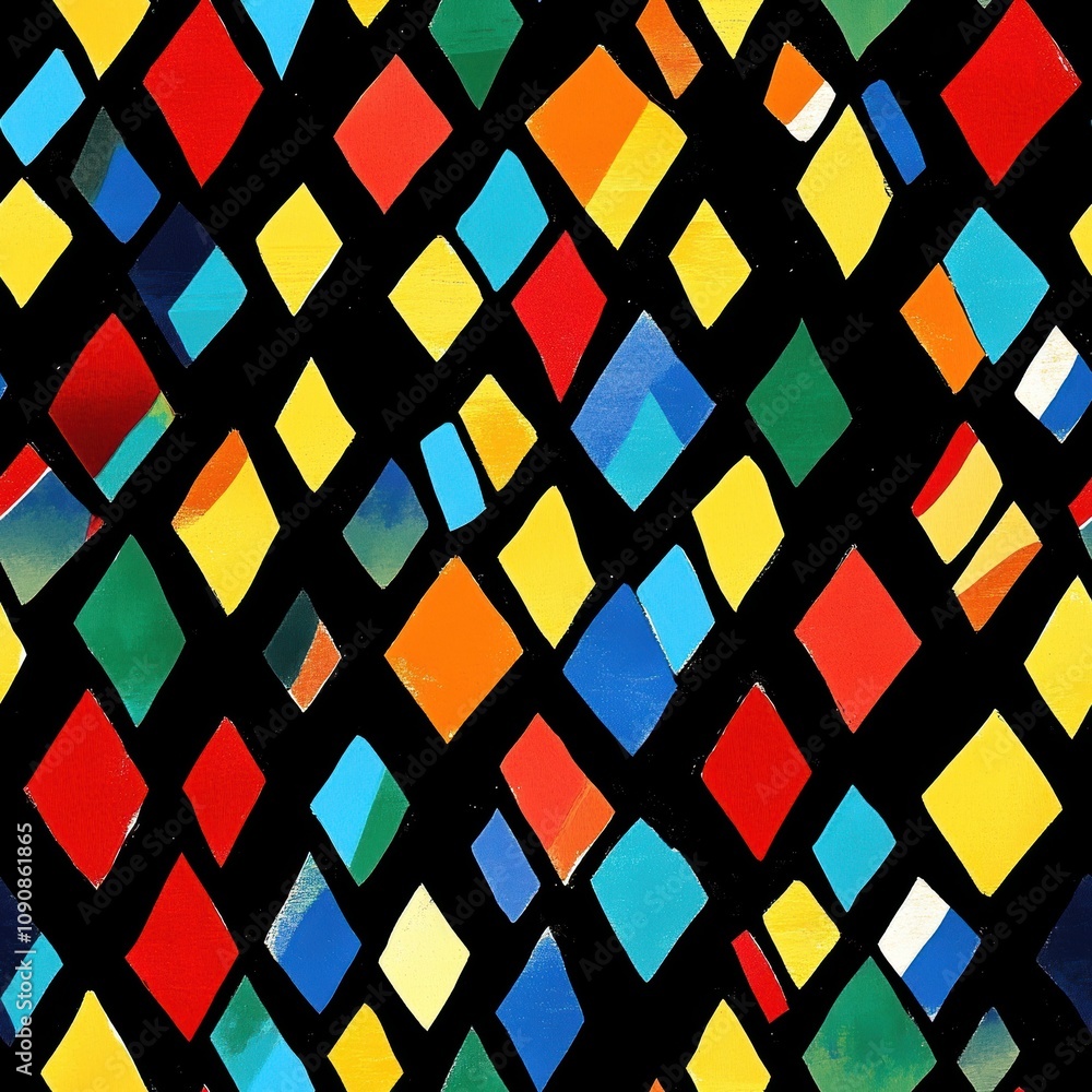 Poster a vibrant pattern of overlapping diamonds in bold colors against a black background, creating an eye