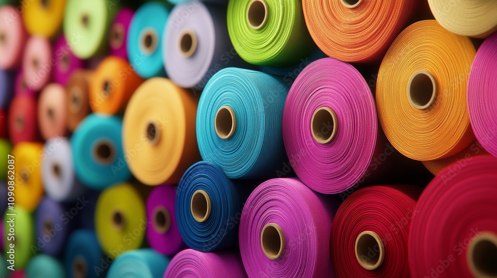 Poster bunch of colorful yarns are piled up in a row. the colors are bright and vibrant, creating a cheerfu