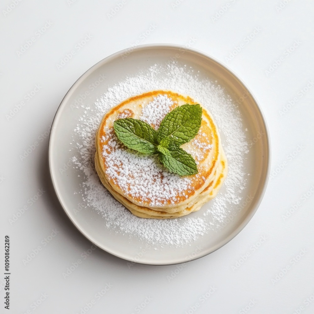 Poster fluffy pancakes topped with powdered sugar and mint leaves served on a round plate for breakfast or 