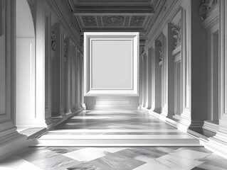 Fototapeta premium 3D Illustration White Museum Gallery Interior, Frame, Marble Floor, Columns
