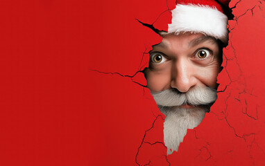 Père Noël au regard espiègle, caché derrière un mur rouge, espace pour texte