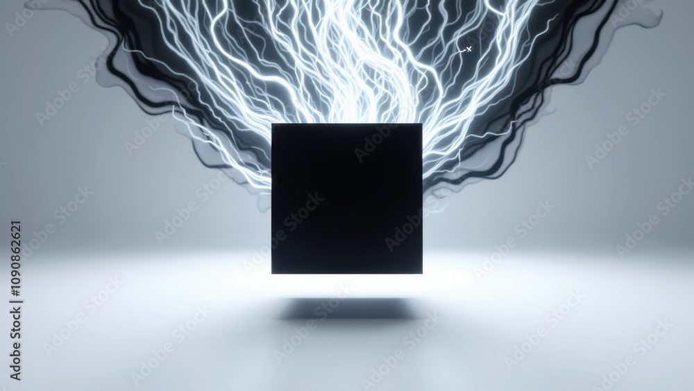 Poster a dynamic graphic illustration featuring a central black ai cube with vibrant lightning and energy e