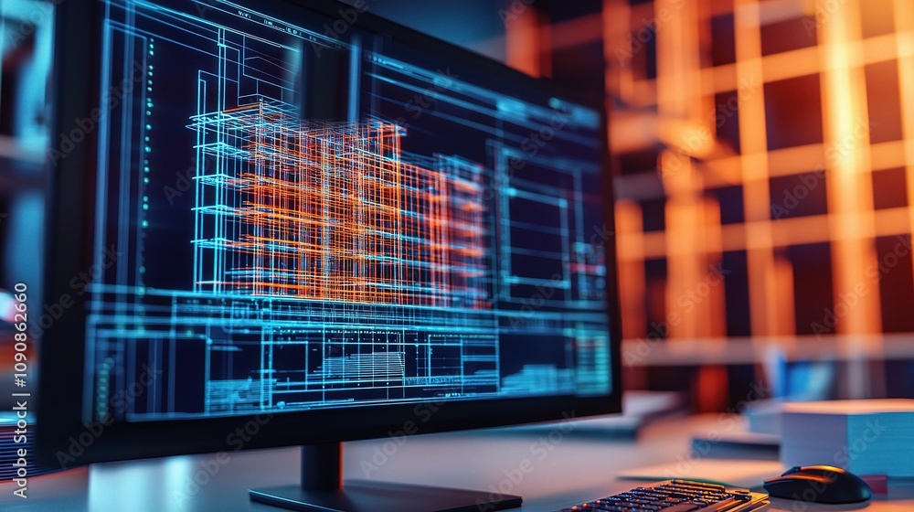 Poster vibrant cad software interface displaying complex architectural design with digital overlays and det