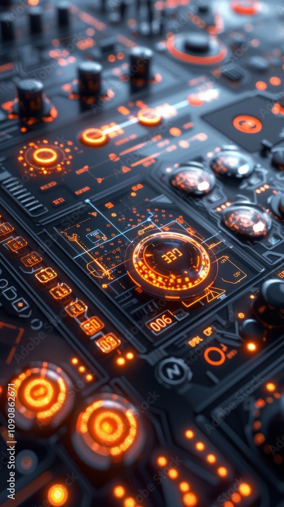 Poster close-up of a futuristic control panel with glowing orange buttons and dials.