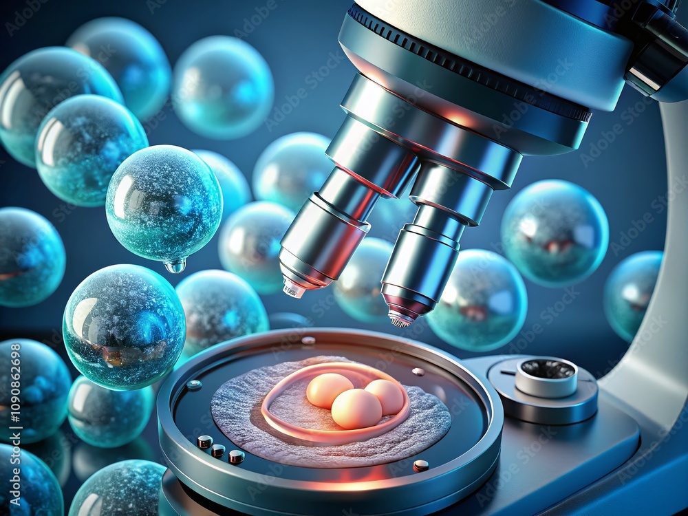 Poster magnified view through a microscope showing the in vitro fertilization process with drone photograph