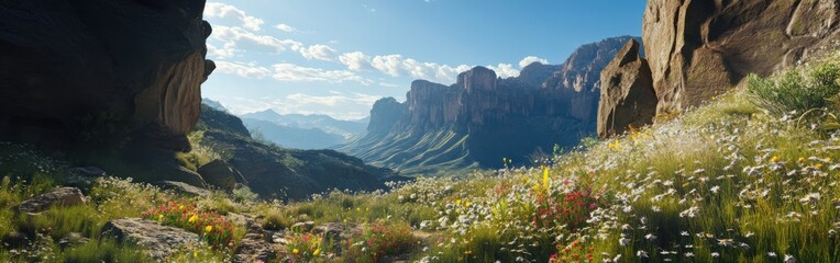 Fototapeta premium Breathtaking landscape of cliffs and valleys under a clear blue sky with colorful wildflowers in the foreground