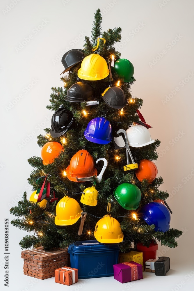 Aufkleber christmas tree with many different colored hard hats on it. the hats are of various sizes and colors