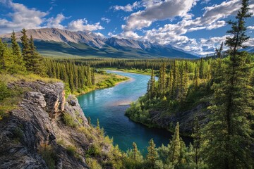 Fototapeta premium A Serene River Winding Through a Lush Forest and Majestic Mountains Under a Blue Sky With White Clouds