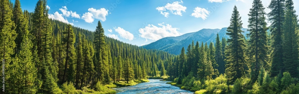 Poster breathtaking view of the idaho panhandle with a winding river surrounded by dense forests under a br