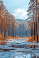 Obraz premium Frozen Lake Reflections Serene lake under a blue sky, surrounded by frost-covered pines in winter.