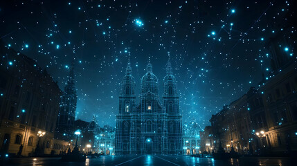 Fototapeta premium Illustration - Digital Cityscape Church Night Architecture Futuristic