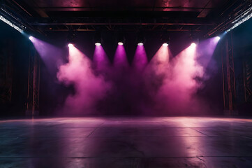 Empty dark stage with pink lights and smoke, hall or stage for advertise or banner with copy space