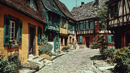Fototapeta premium A Narrow Cobblestone Street Winds Through a Charming European Village, With Colorful Houses Lined on Either Side, Featuring Green Shutters, Timbered Facades and Lush Greenery