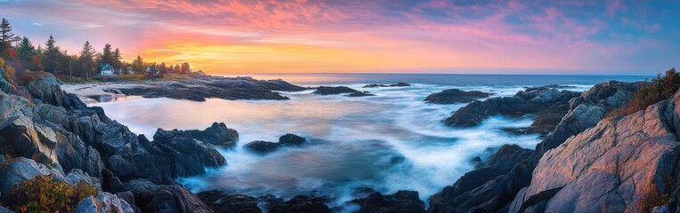 Fototapeta premium A breathtaking panorama of the rugged Kennebunkport coastline during a vibrant sunset with waves crashing against the rocks