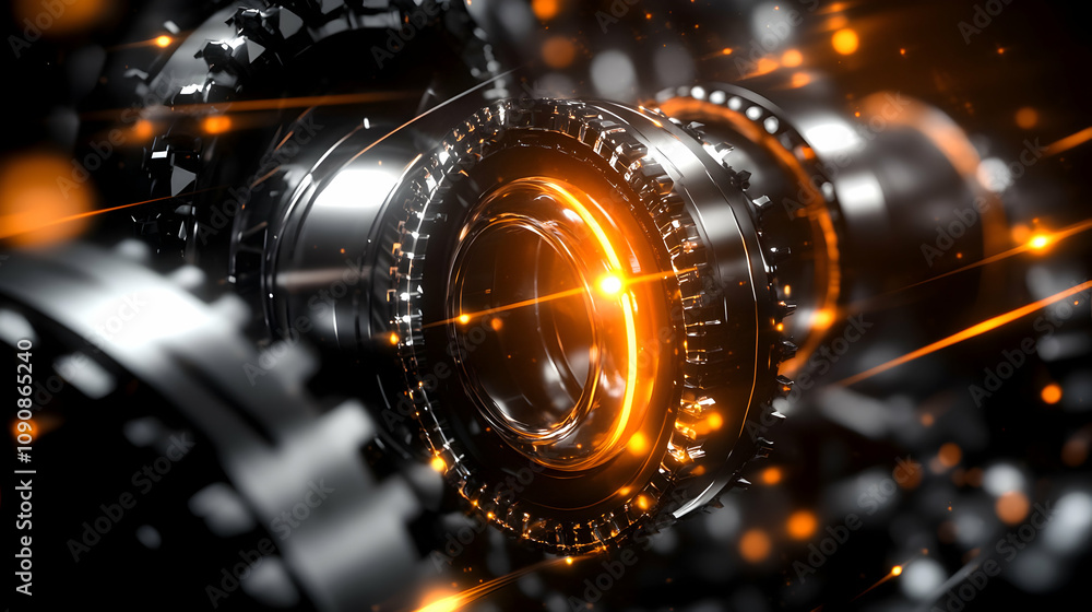 Poster 3d rendered abstract background of interlocking metallic gears with glowing orange lines and particl