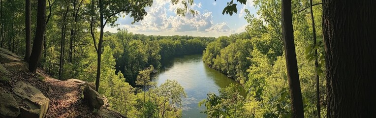 Fototapeta premium A breathtaking panorama of the Hoosier National Forest with lush greenery and a serene river in the foreground under a clear sky