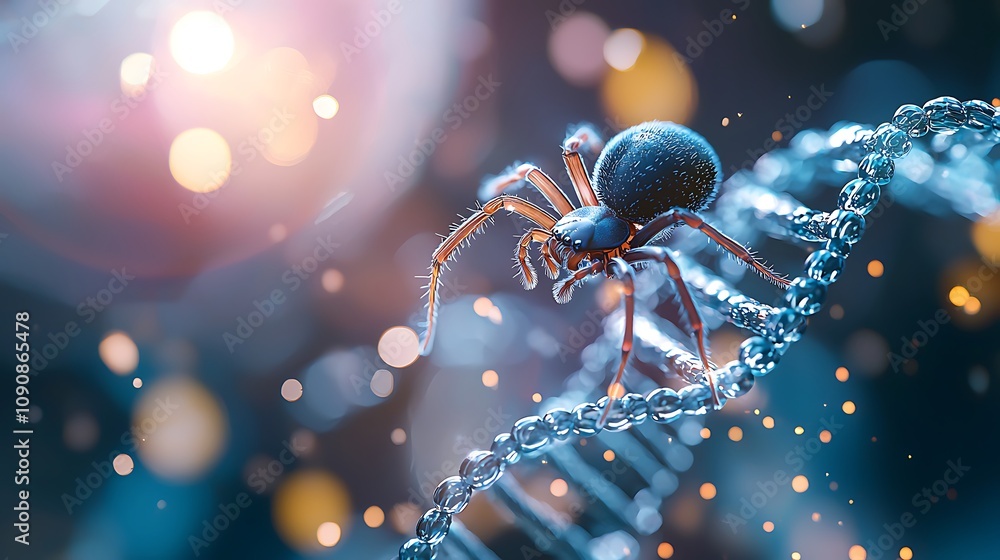 Poster spider on dna strand with colorful bokeh background