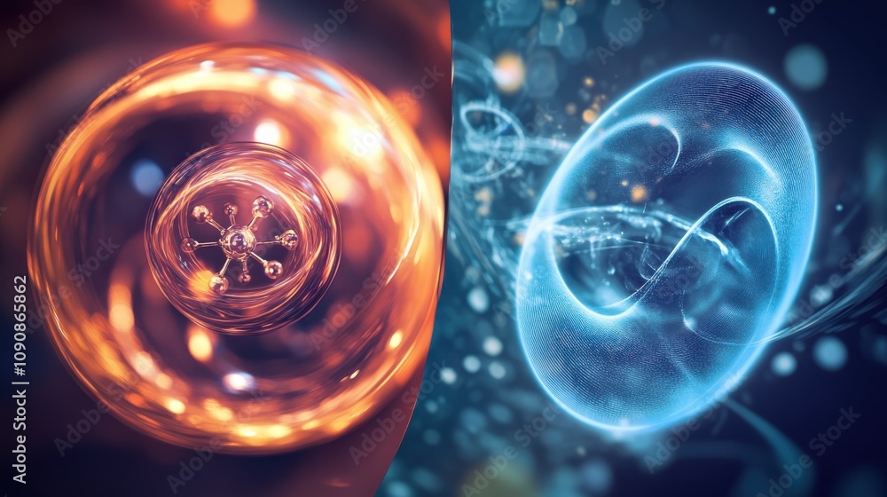 Aufkleber A split-view representation of quantum mechanics showcasing particle interaction and wave behavior in a theoretical setting