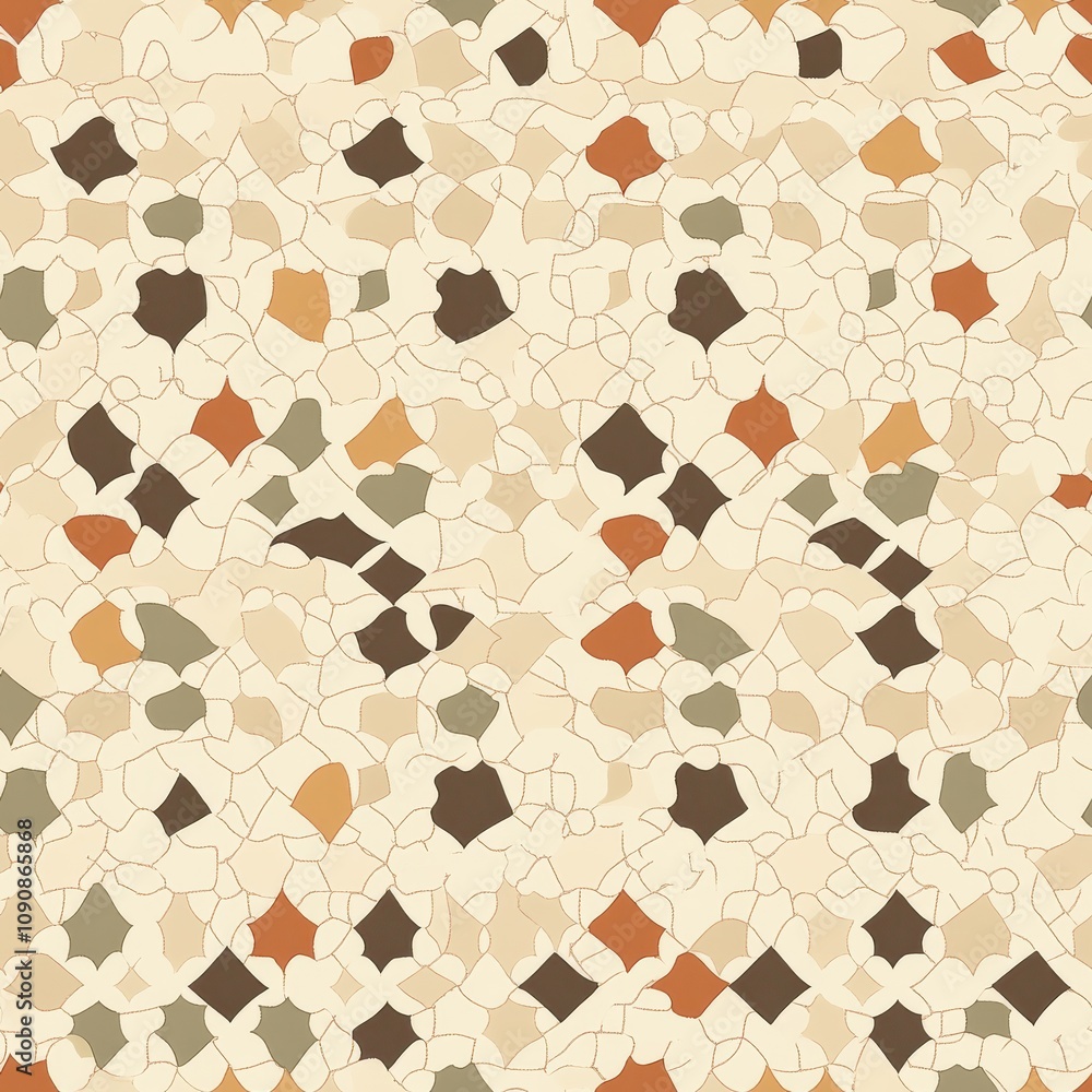 Poster a detailed tessellation pattern in warm earthy tones showcasing intricate shapes and design elements