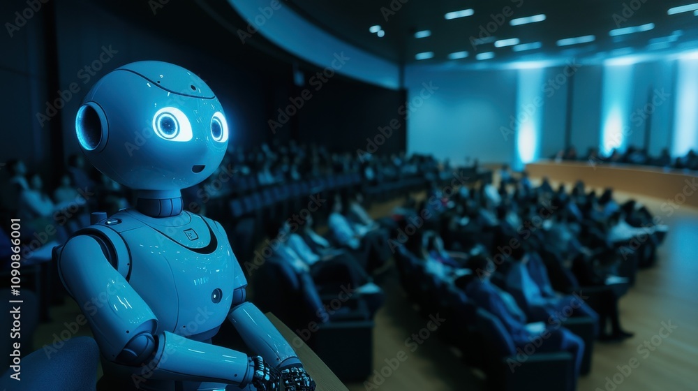 Poster a futuristic auditorium filled with an audience and a robot assistant under dramatic lighting