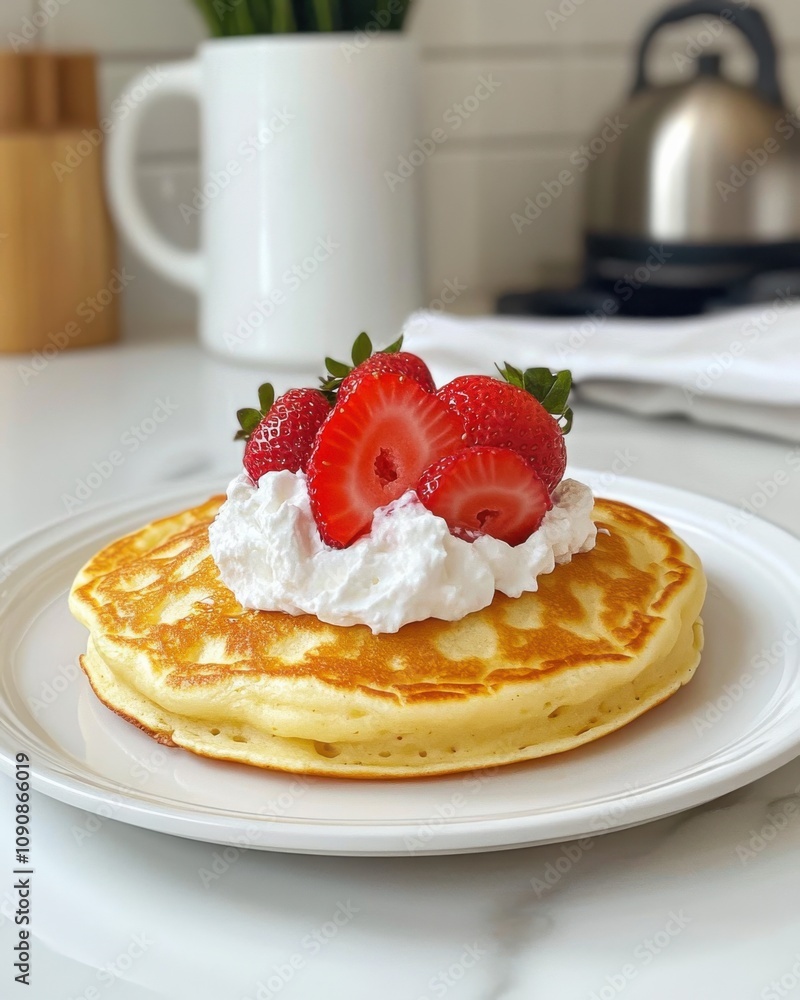Poster a delicious side view of a fluffy pancake with whipped cream and fresh strawberries on a breakfast t