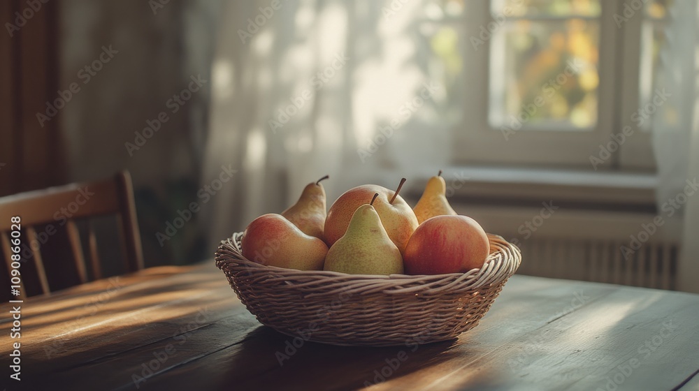 Poster a rustic wicker basket filled with fresh apples and pears on a wooden table near a sunlit window in 