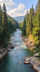 A tranquil view of the salmon run in a lush forested river during late summer in the Pacific Northwest region