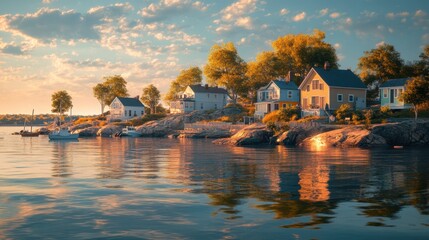 Fototapeta premium A tranquil sunset over the Thimble Islands showcasing charming houses and calm waters reflecting the fading light