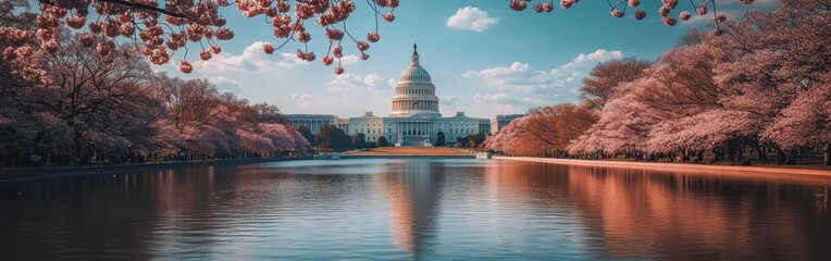 Naklejka premium A tranquil spring day at the National Mall with cherry blossoms in full bloom and reflections on the water