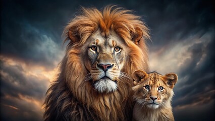 Majestic Male Lion and Playful Baby Cub Portrait on Dark Background - A Stunning Capture of Nature's Beauty and Bonding in the Animal Kingdom