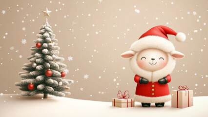 Fototapeta premium Kawaii sheep in Santa attire beside a Christmas tree and gifts