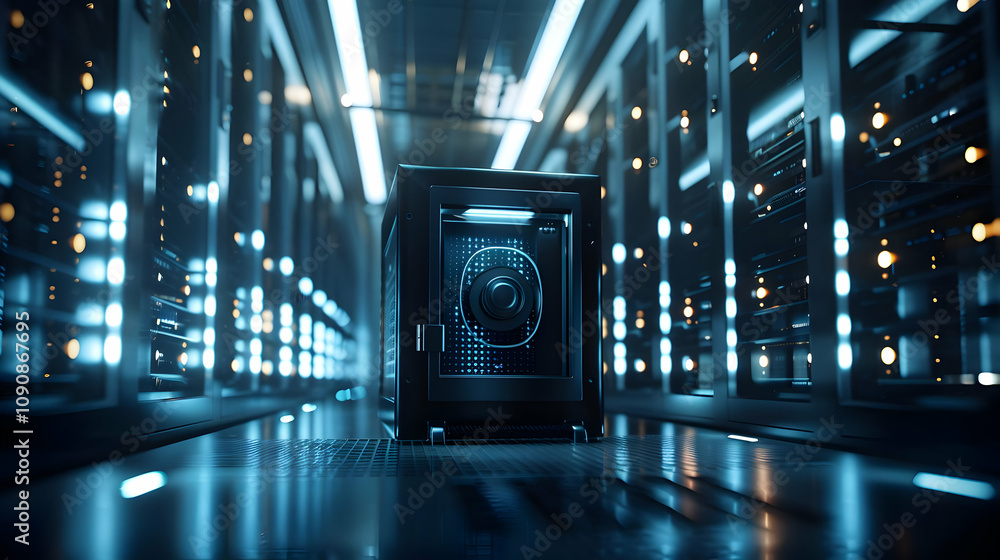 Poster 3d render of a secure data vault in a futuristic server room, illuminated with blue light