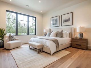 Fototapeta premium Modern Bedroom Design Featuring Neutral Tones And Natural Light