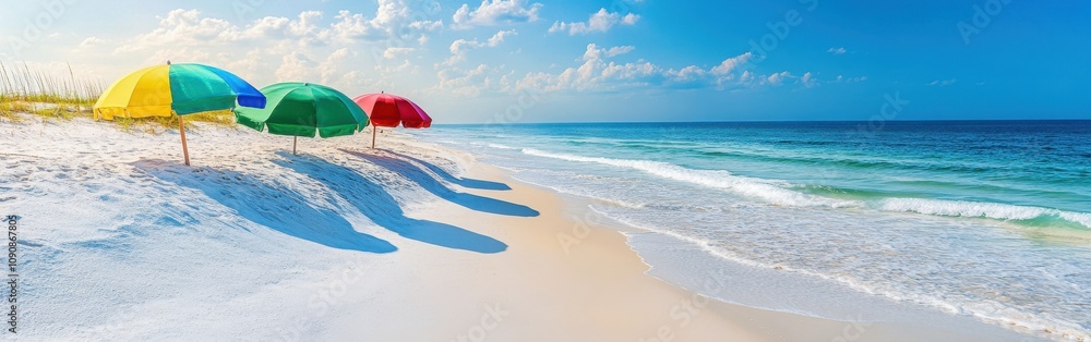 Poster relaxing beach view with colorful umbrellas on white sand with gentle waves at a tranquil coastal lo