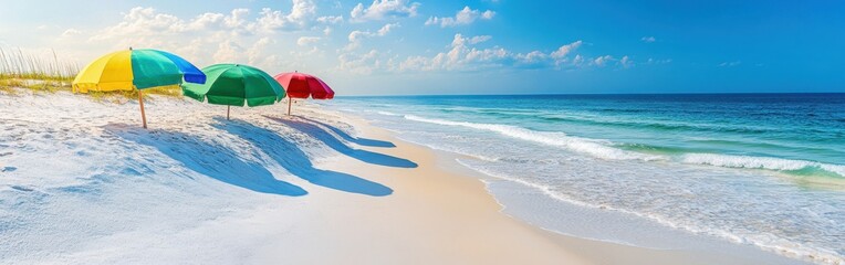 Relaxing beach view with colorful umbrellas on white sand with gentle waves at a tranquil coastal location during a sunny day