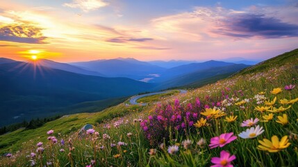 Obraz premium Experience stunning sunsets along Mt Washington Auto Road, framed by vibrant wildflowers in New Hampshire’s serene landscape