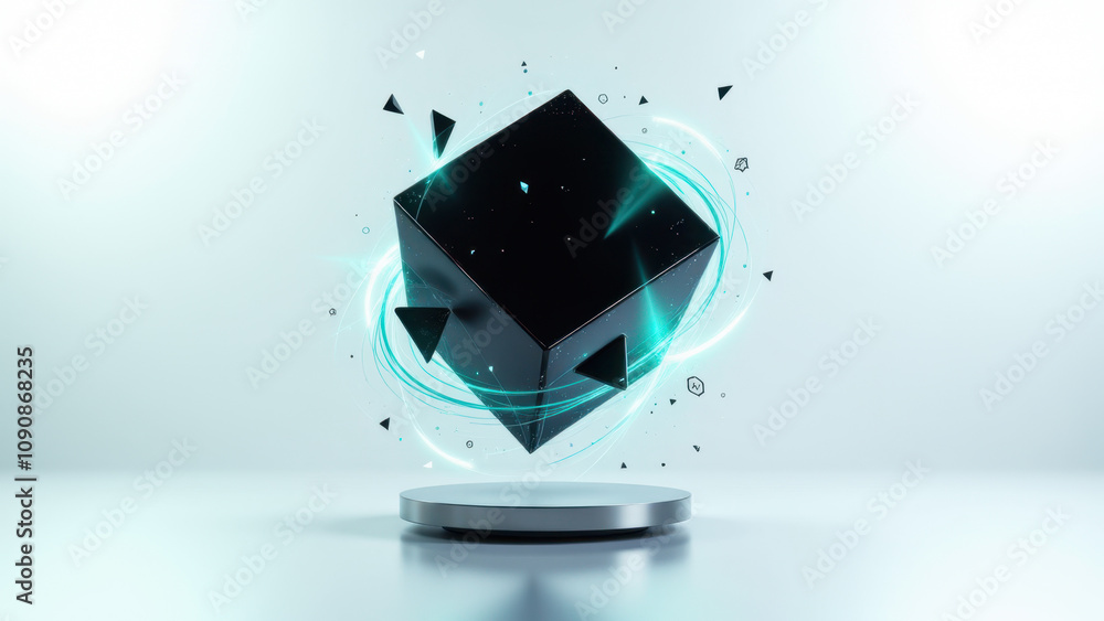 Poster advanced ai with glowing cube in holographic display.