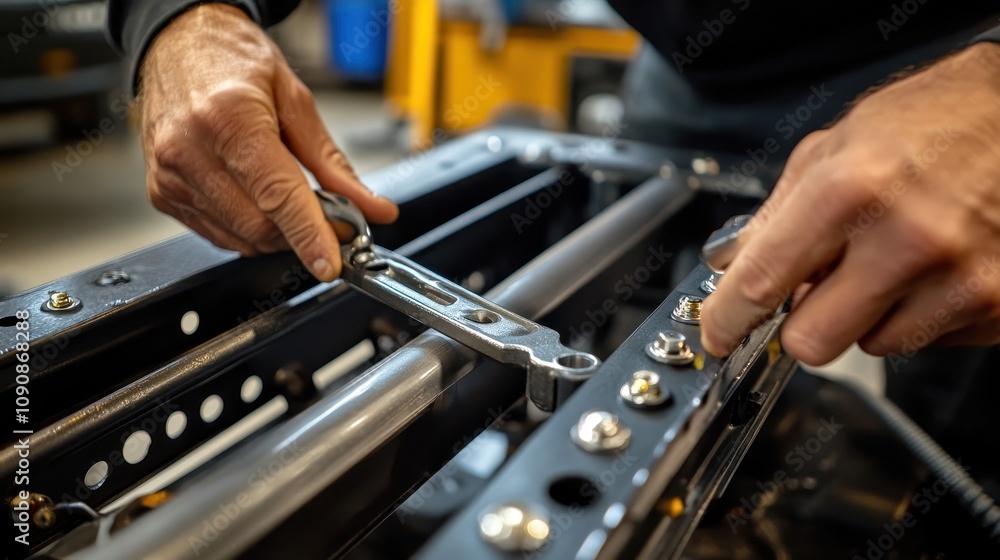 Poster a person using a wrench to tighten bolts on a mechanical frame in a workshop.