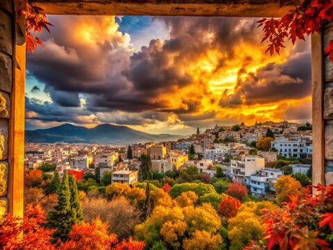 Majestic View of Rafina City Beneath a Dramatic Autumn Sky Showcasing Vibrant Colors and Captivating Cloud Formations for Scenic Photography Lovers