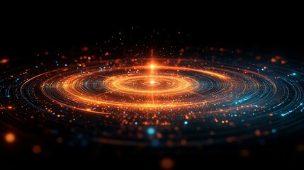 A holographic torus shape surrounded by smaller geometric forms, glowing softly with light trails and a dark, ethereal background