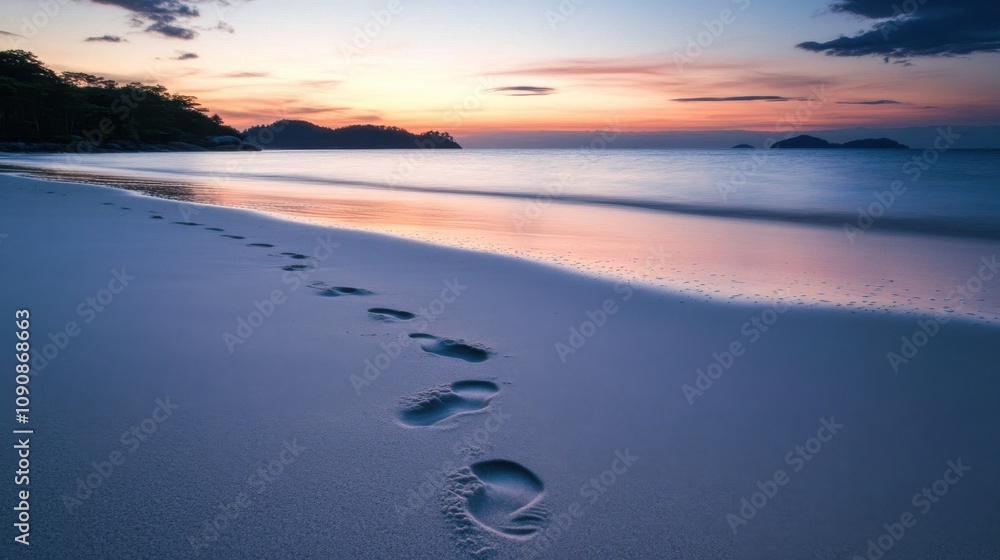 Poster Footprints lead to a tranquil beach at twilight with soft waves and a colorful sky reflecting on the shoreline