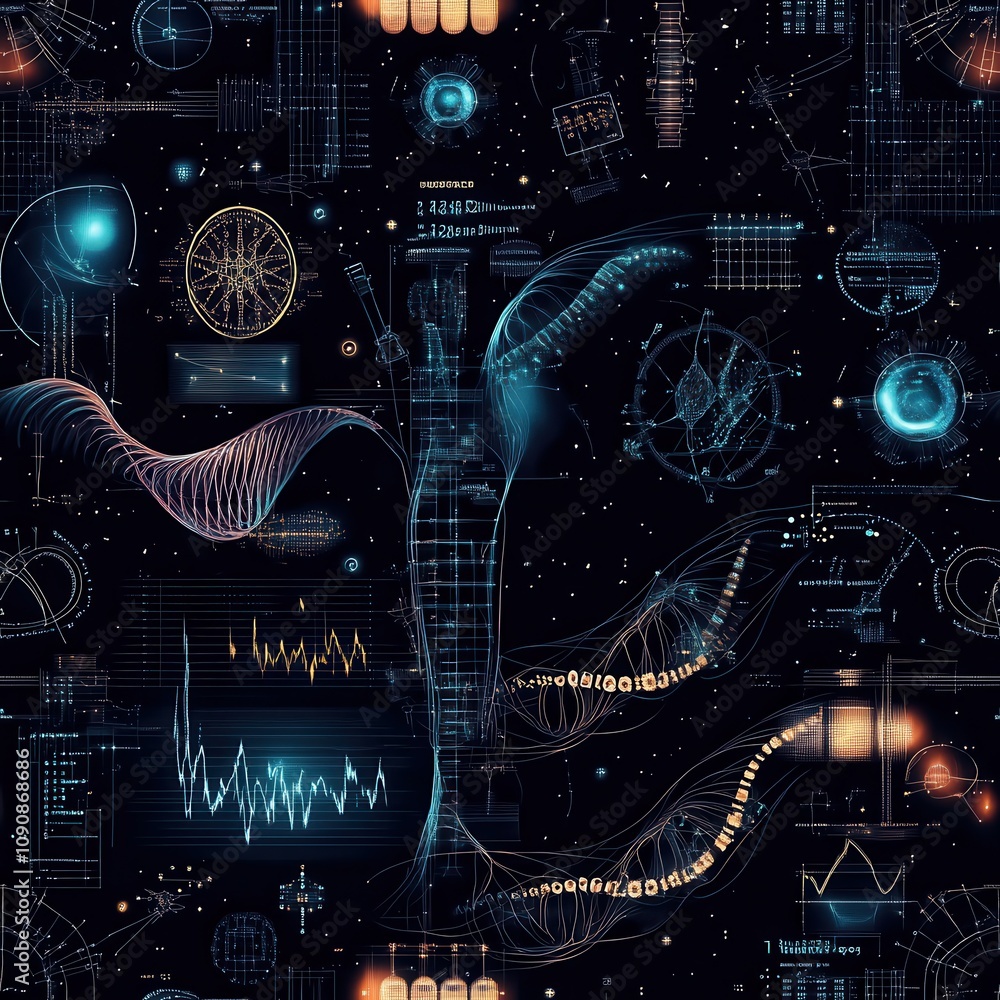 Poster Glowing DNA fragments and graphs create a seamless pattern on a dark background, symbolizing genetic research and innovation.