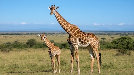 Obraz premium Giraffe and calf in African savanna.