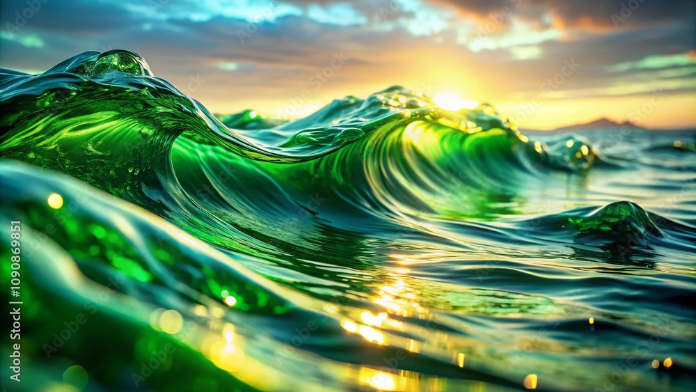 Poster mesmerizing green glossy flowing waves with halftones in abstract background for modern design and a