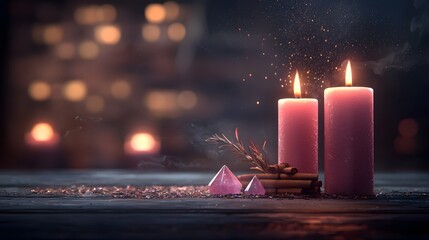 A serene evening ambiance featuring glowing candles, crystals, and aromatic herbs on a wooden table. Natural Healing Concept