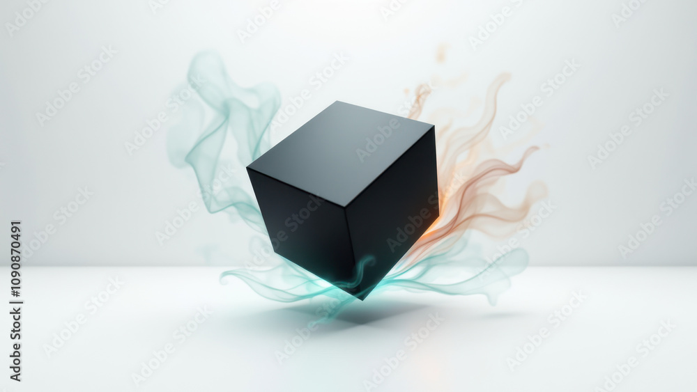 Poster black box ai with colorful elements emerging from its center.