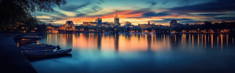 Fototapeta premium A serene evening view of the Connecticut River at dusk, framed by city lights and colorful skies reflecting on the water