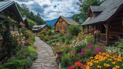 Obraz premium Charming flower-lined pathway through a historic village surrounded by lush greenery and majestic mountains