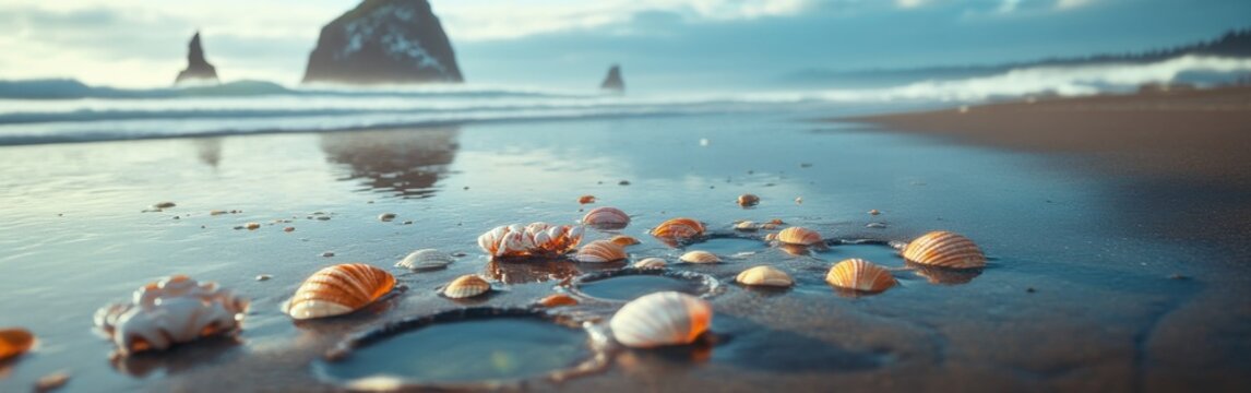 Explore the tranquil beach at Haystack Rock with seashells scattered on the sandy shore during a serene sunset